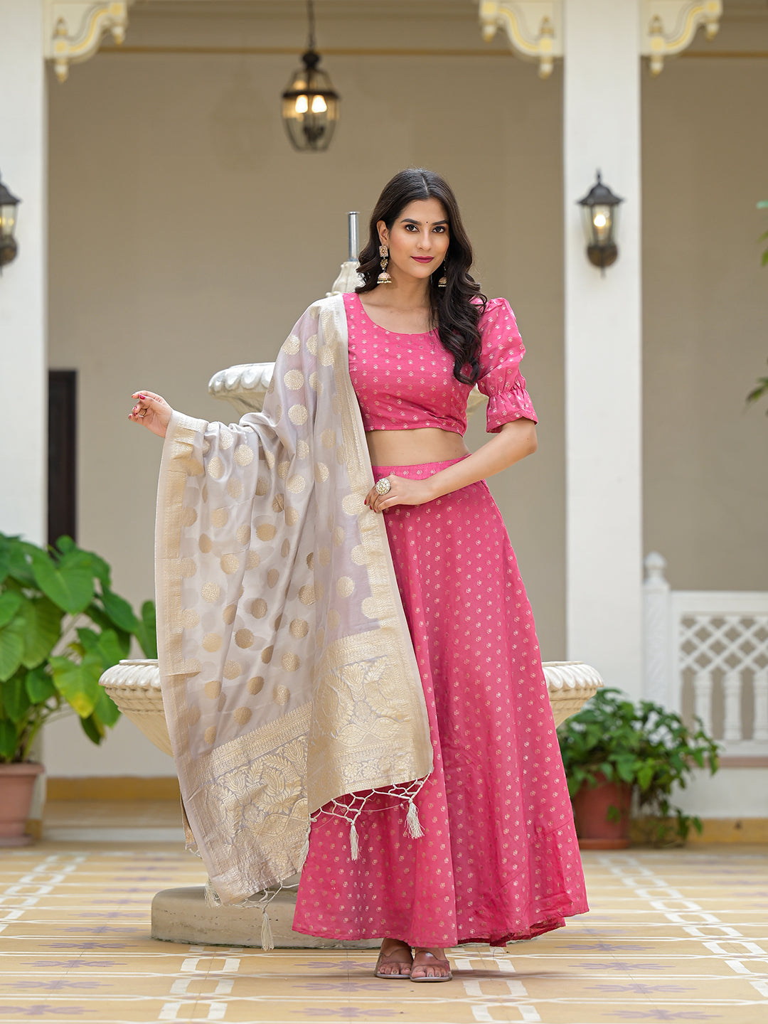 Pink Chanderi Lehenga Choli with Jacquard Dupatta - Elganza