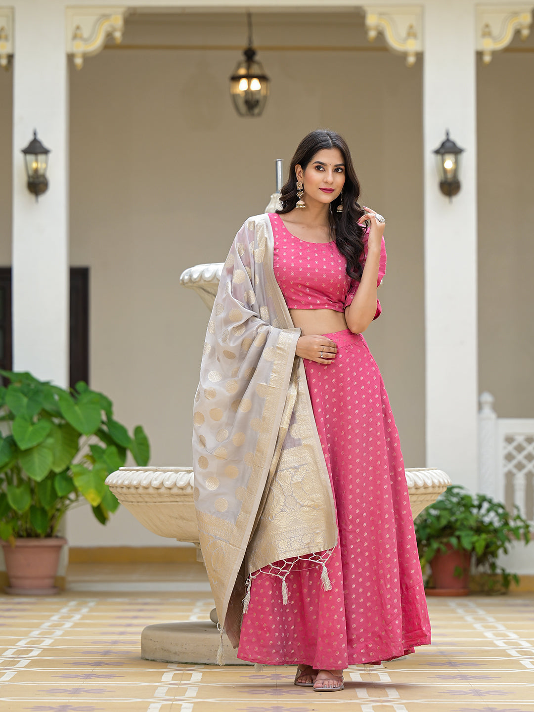 Pink Chanderi Lehenga Choli with Jacquard Dupatta - Elganza