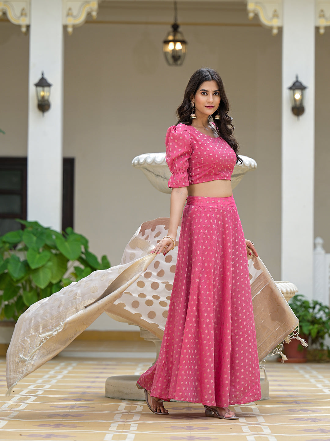 Pink Chanderi Lehenga Choli with Jacquard Dupatta - Elganza