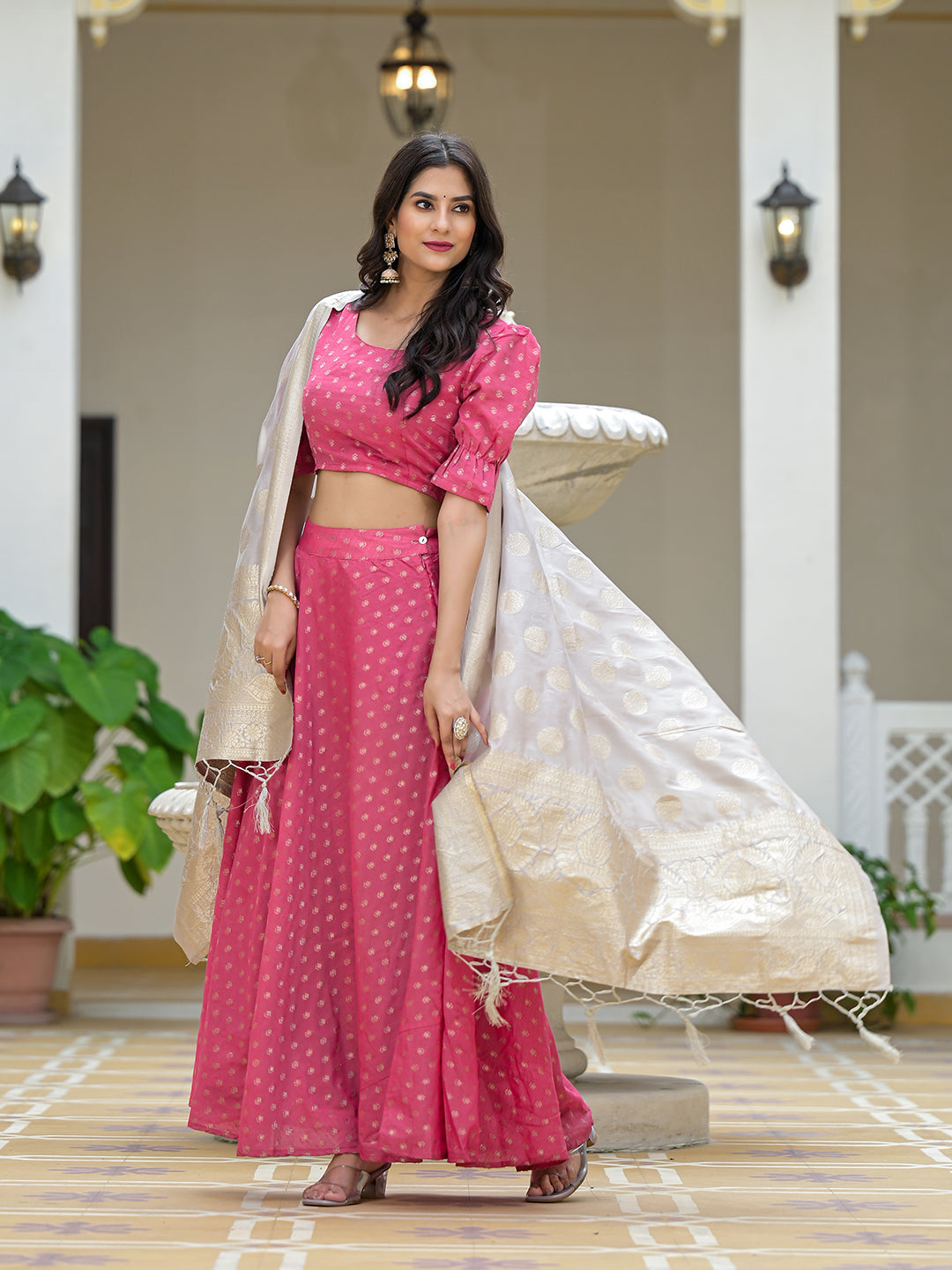Pink Chanderi Lehenga Choli with Jacquard Dupatta - Elganza