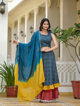 Indigo Lehenga Choli with Multicolor Ruffles - Elganza