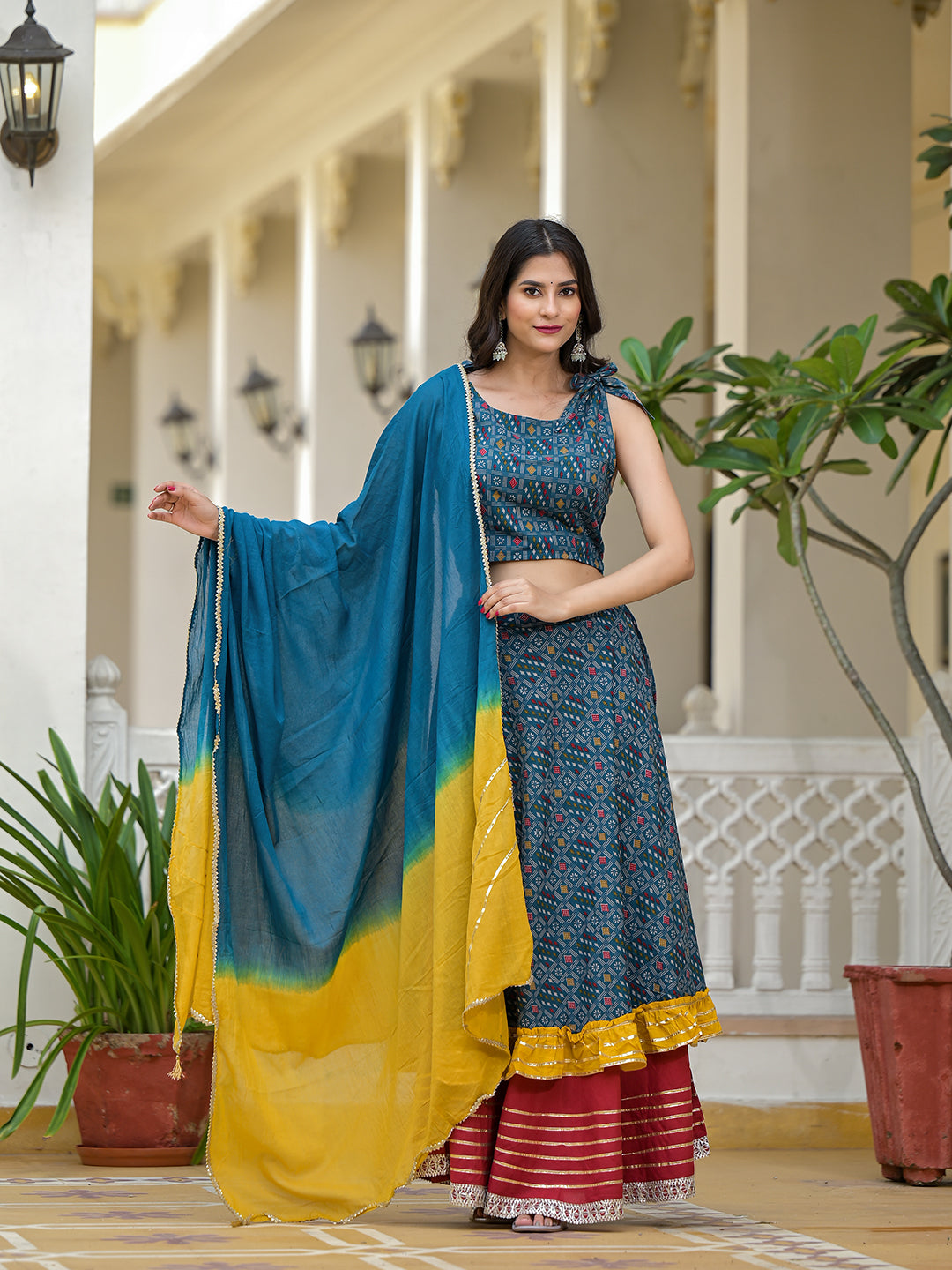 Indigo Lehenga Choli with Multicolor Ruffles - Elganza