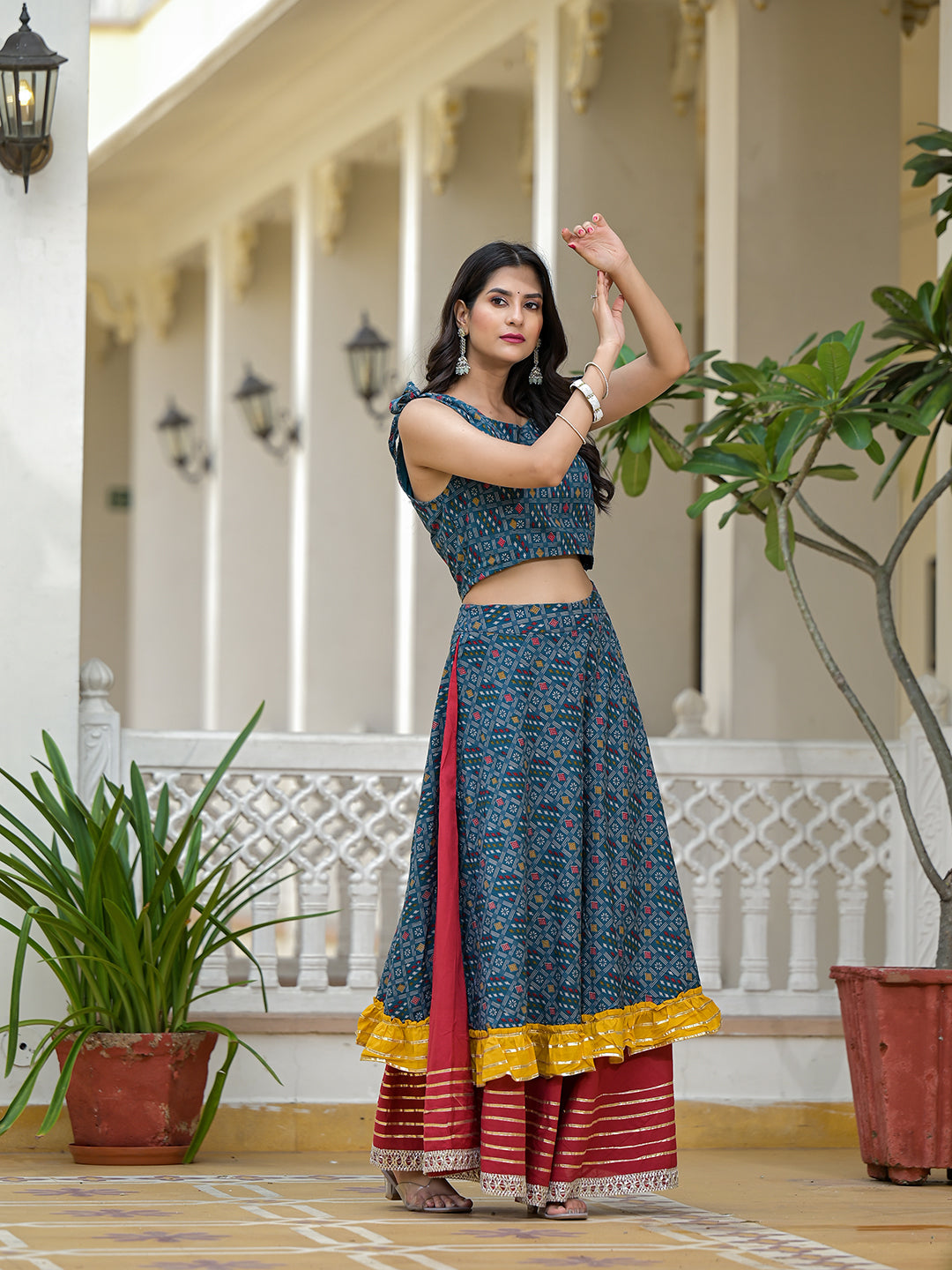 Indigo Lehenga Choli with Multicolor Ruffles - Elganza