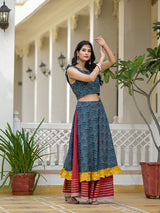 Indigo Lehenga Choli with Multicolor Ruffles - Elganza