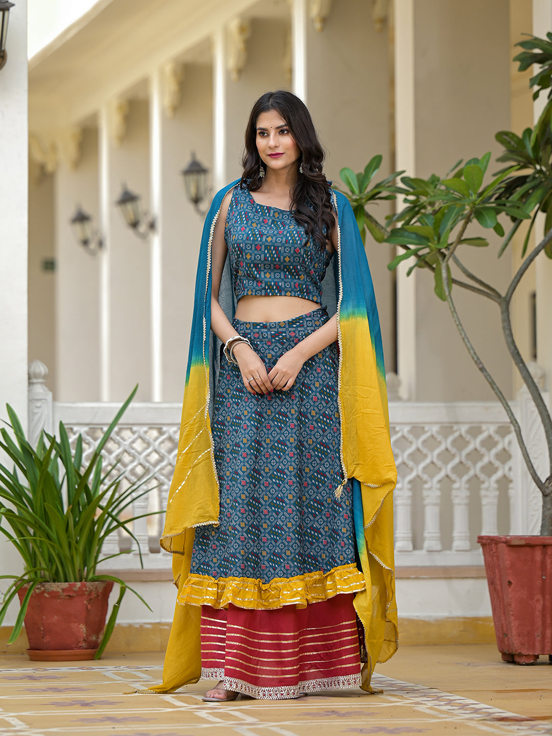Indigo Lehenga Choli with Multicolor Ruffles - Elganza