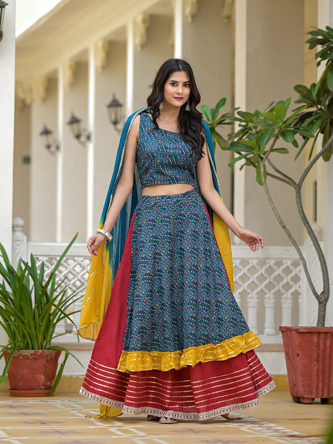 Indigo Lehenga Choli with Multicolor Ruffles - Elganza