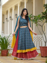 Indigo Lehenga Choli with Multicolor Ruffles - Elganza