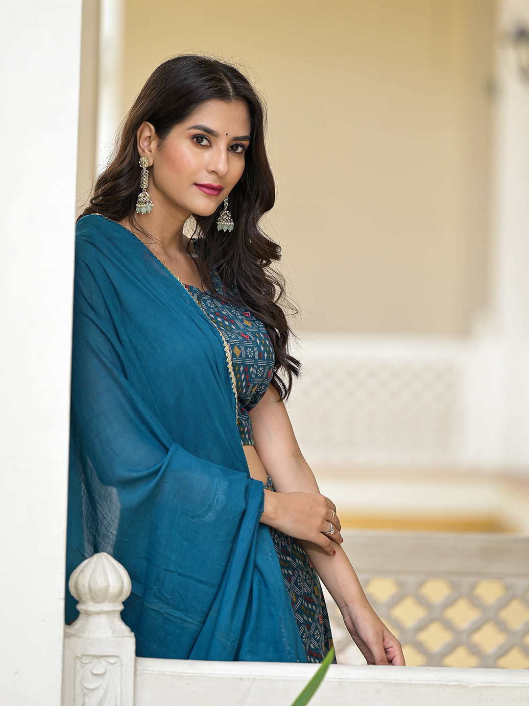 Indigo Lehenga Choli with Multicolor Ruffles - Elganza