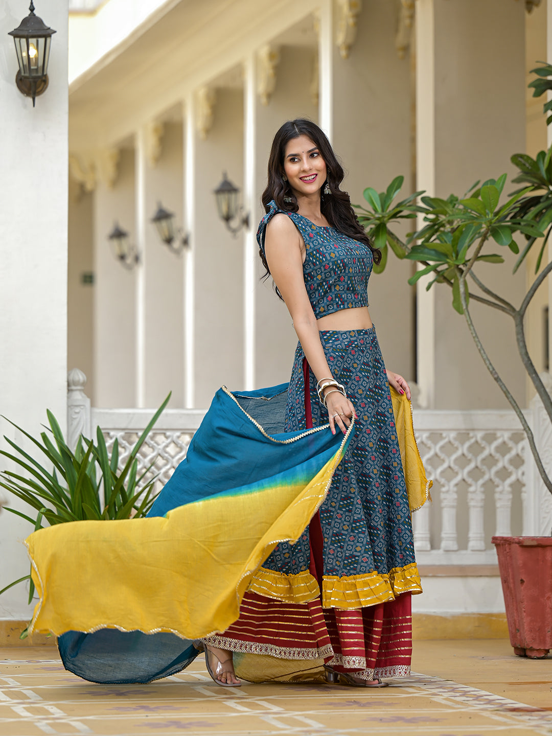 Indigo Lehenga Choli with Multicolor Ruffles - Elganza