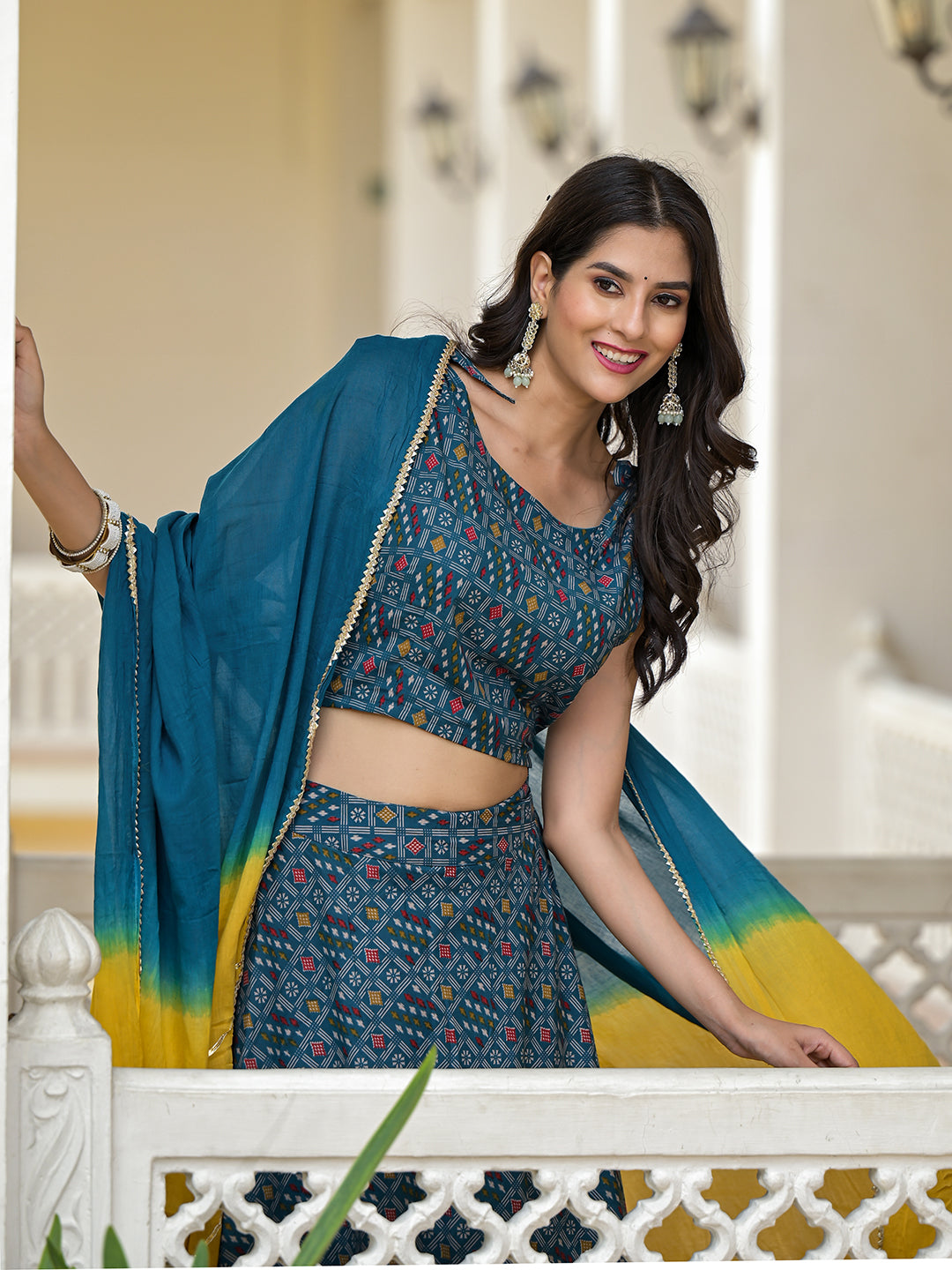 Indigo Lehenga Choli with Multicolor Ruffles - Elganza