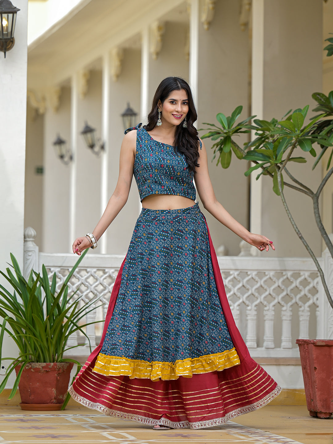 Indigo Lehenga Choli with Multicolor Ruffles - Elganza