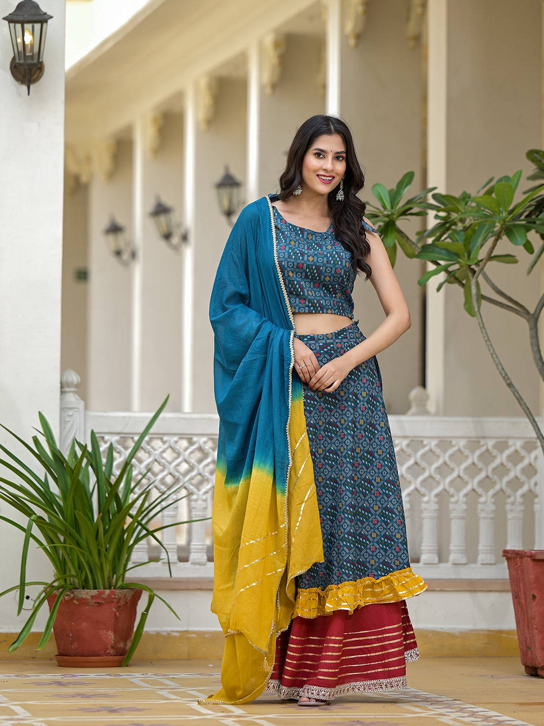 Indigo Lehenga Choli with Multicolor Ruffles - Elganza