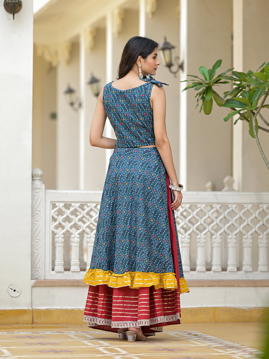 Indigo Lehenga Choli with Multicolor Ruffles - Elganza