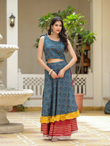 Indigo Lehenga Choli with Multicolor Ruffles - Elganza