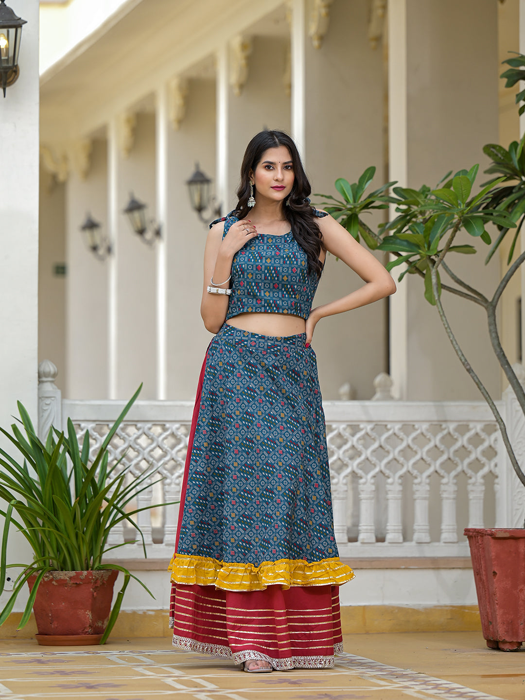 Indigo Lehenga Choli with Multicolor Ruffles - Elganza