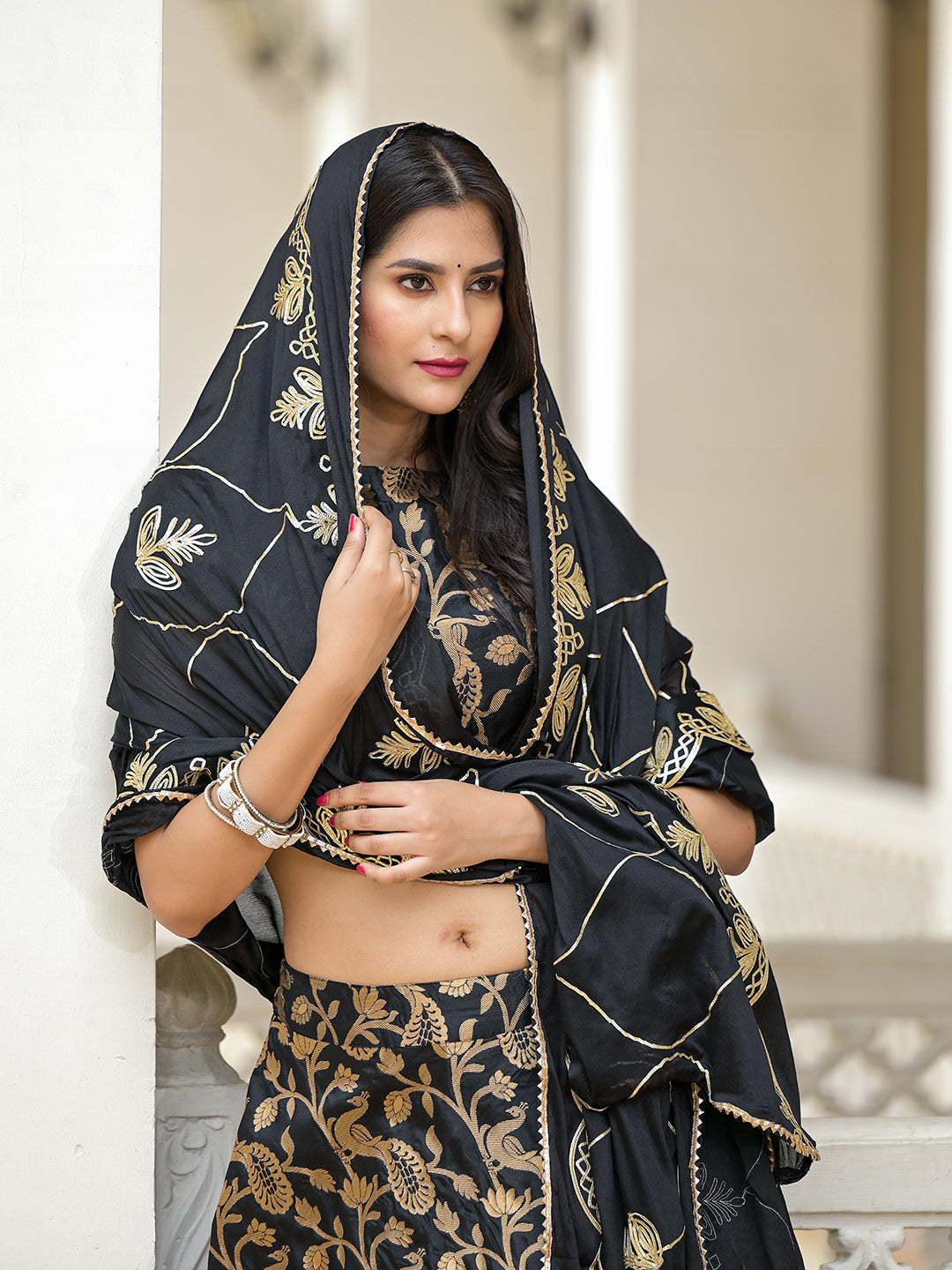 Black Jacquard Lehenga Choli with Gota Dupatta - Elganza