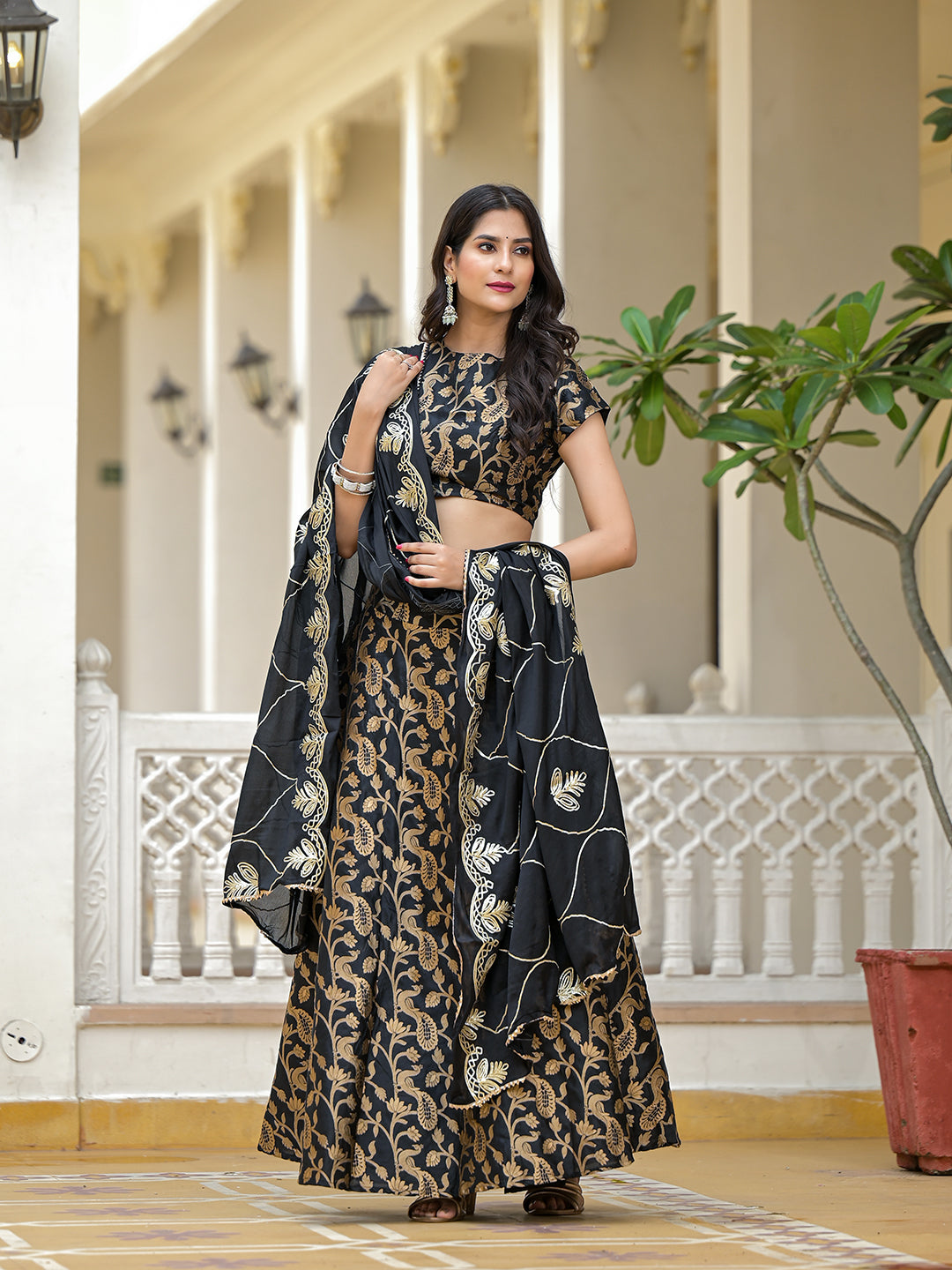 Black Jacquard Lehenga Choli with Gota Dupatta - Elganza