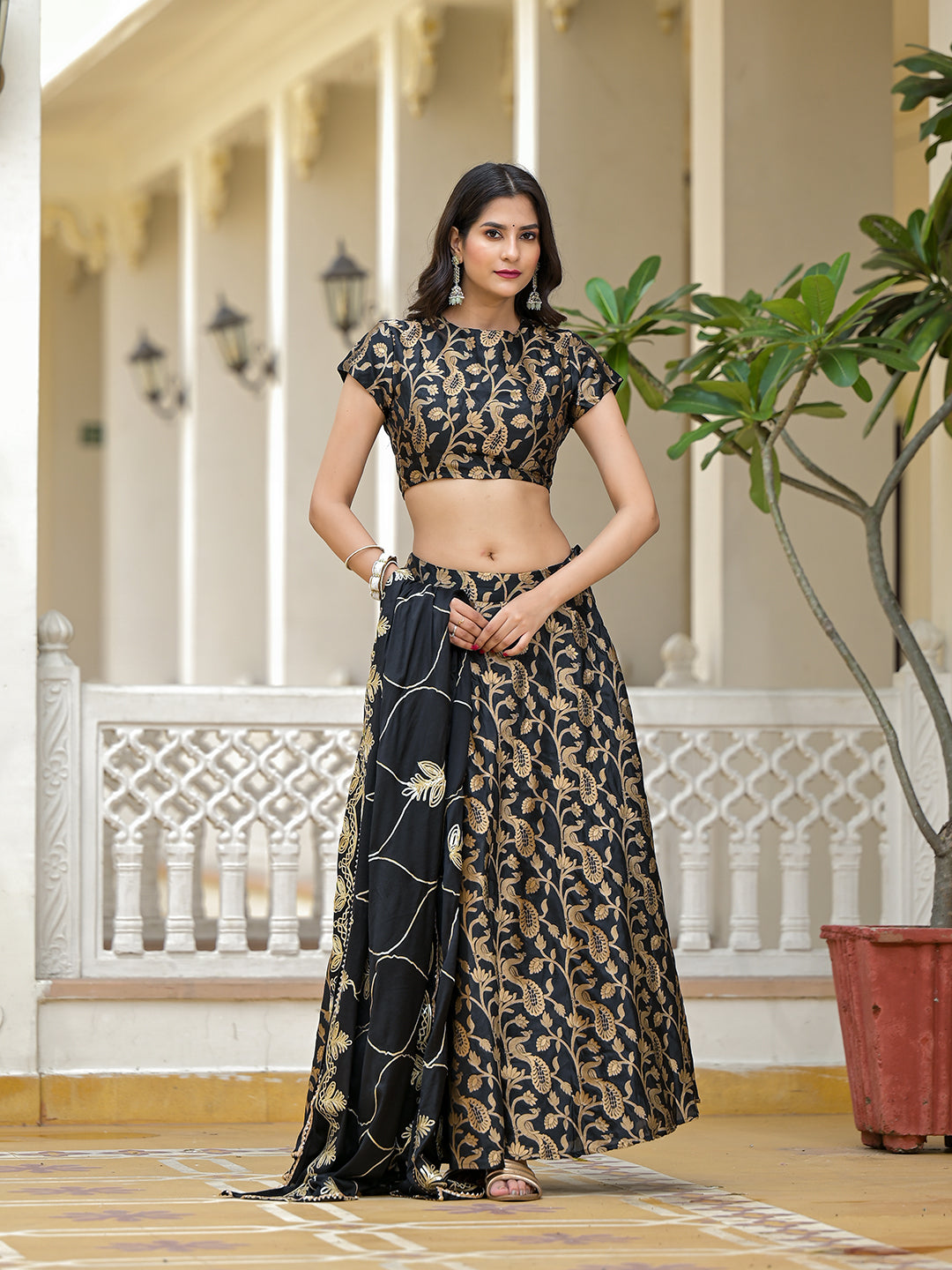 Black Jacquard Lehenga Choli with Gota Dupatta - Elganza