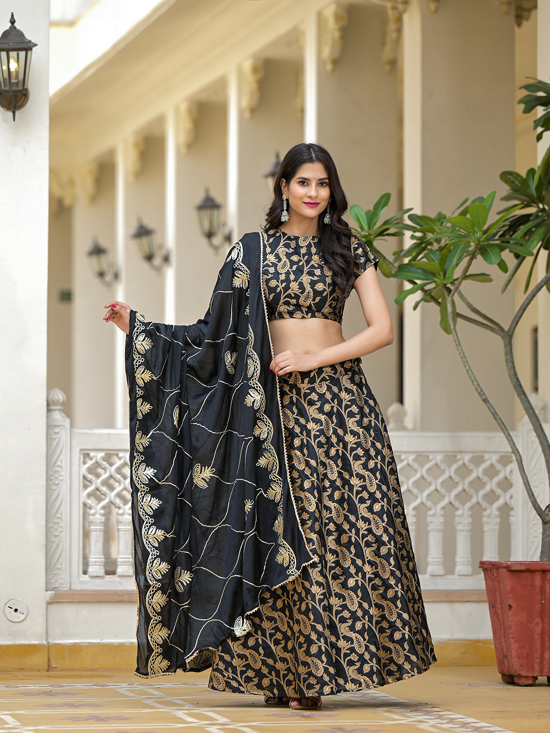 Black Jacquard Lehenga Choli with Gota Dupatta - Elganza