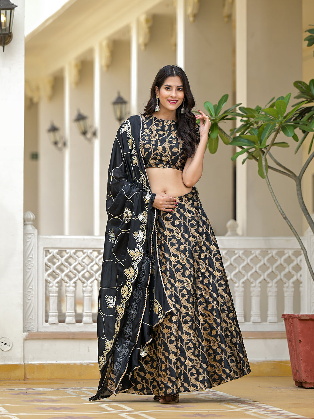 Black Jacquard Lehenga Choli with Gota Dupatta - Elganza