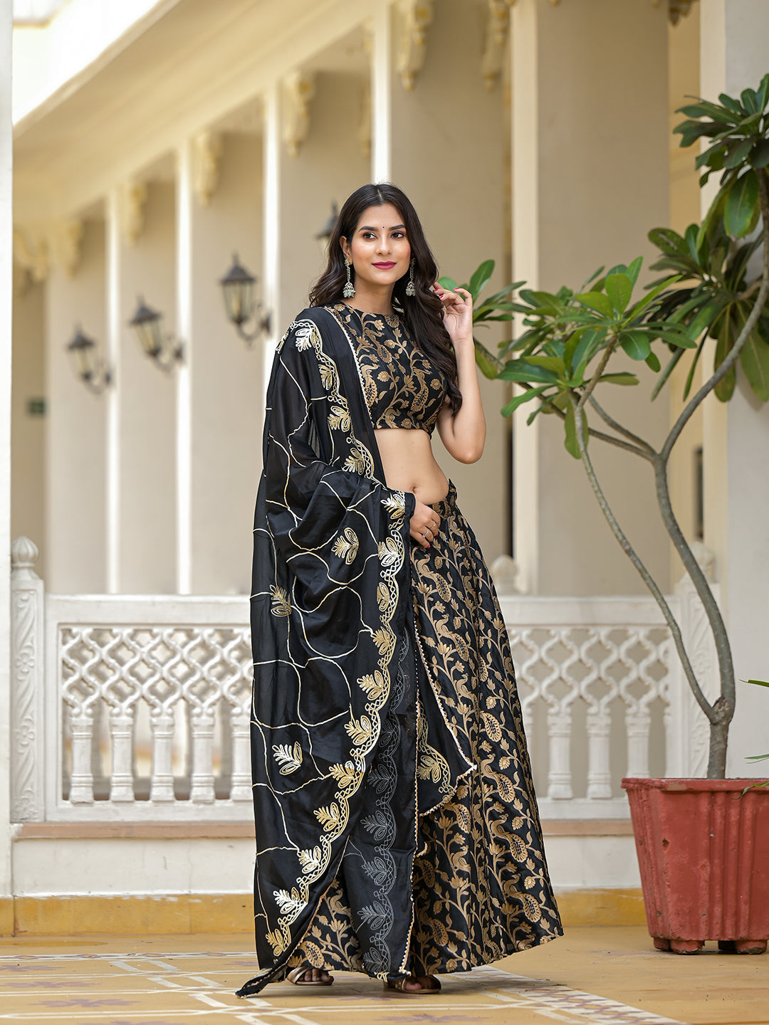 Black Jacquard Lehenga Choli with Gota Dupatta - Elganza