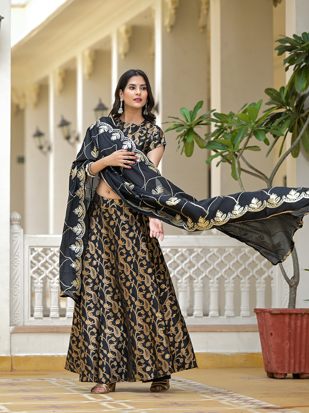 Black Jacquard Lehenga Choli with Gota Dupatta - Elganza