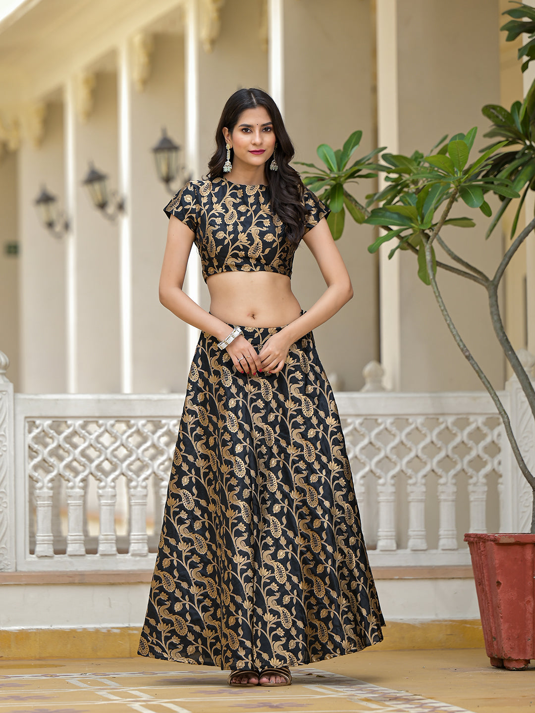 Black Jacquard Lehenga Choli with Gota Dupatta - Elganza