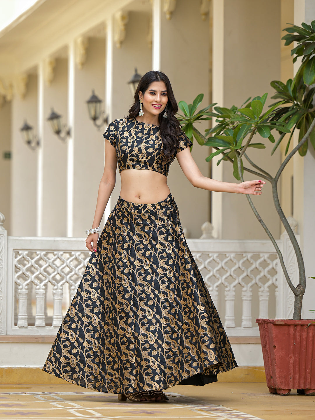 Black Jacquard Lehenga Choli with Gota Dupatta - Elganza