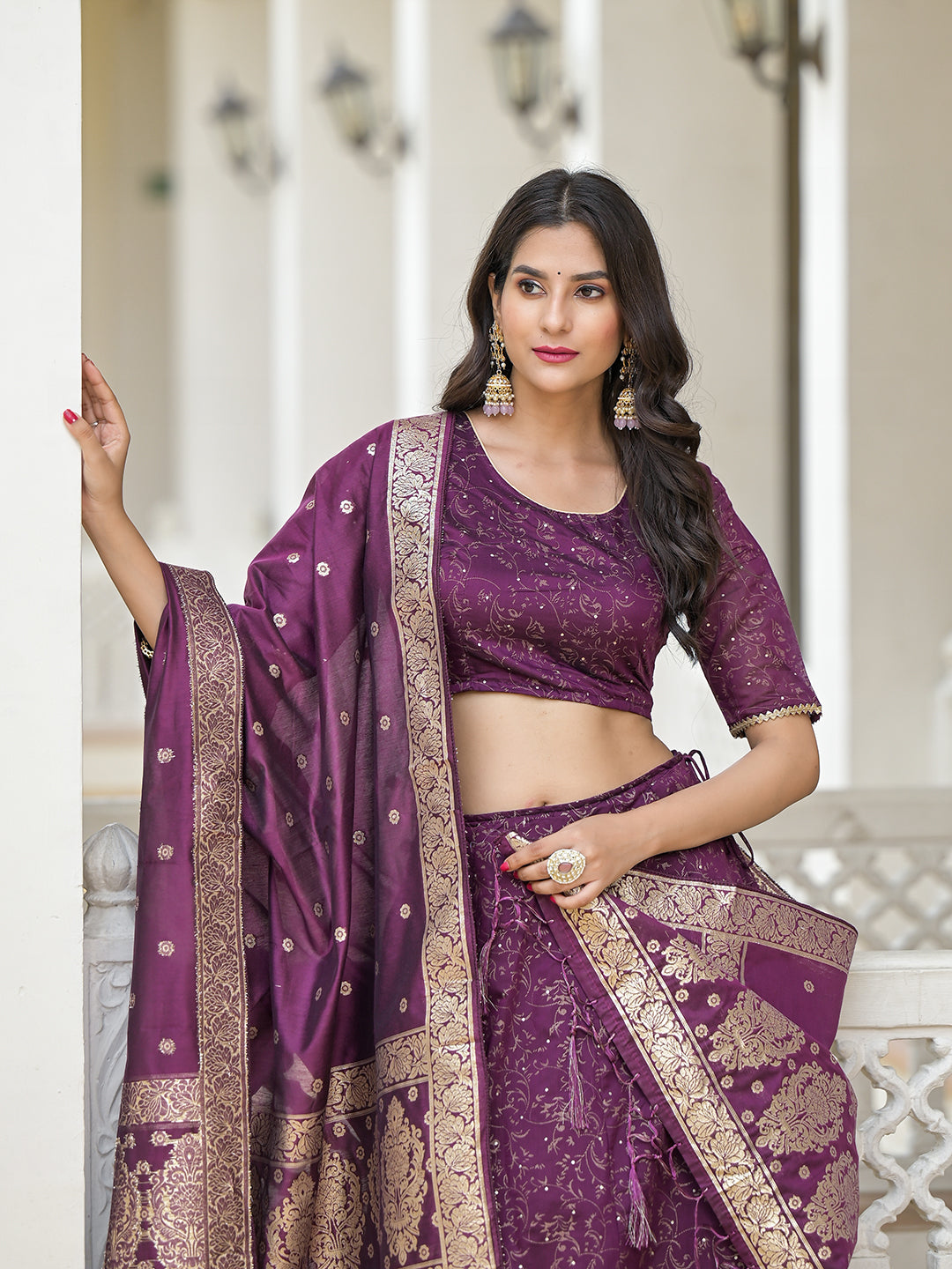 Violet Color Chanderi Lehenga Choli With Gold print - Elganza