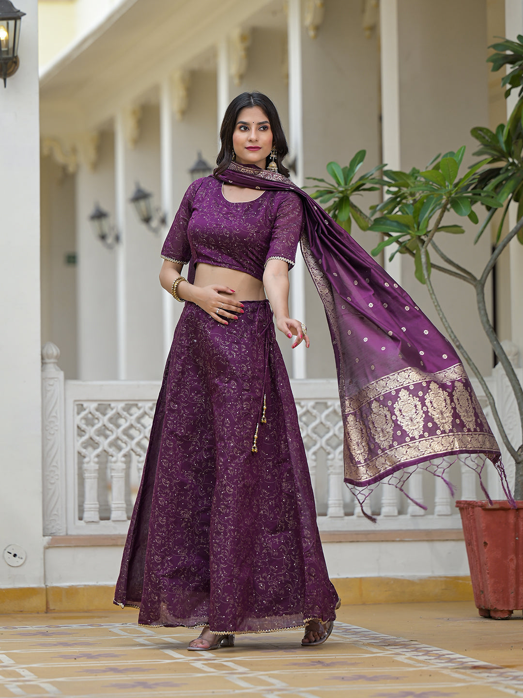 Violet Color Chanderi Lehenga Choli With Gold print - Elganza