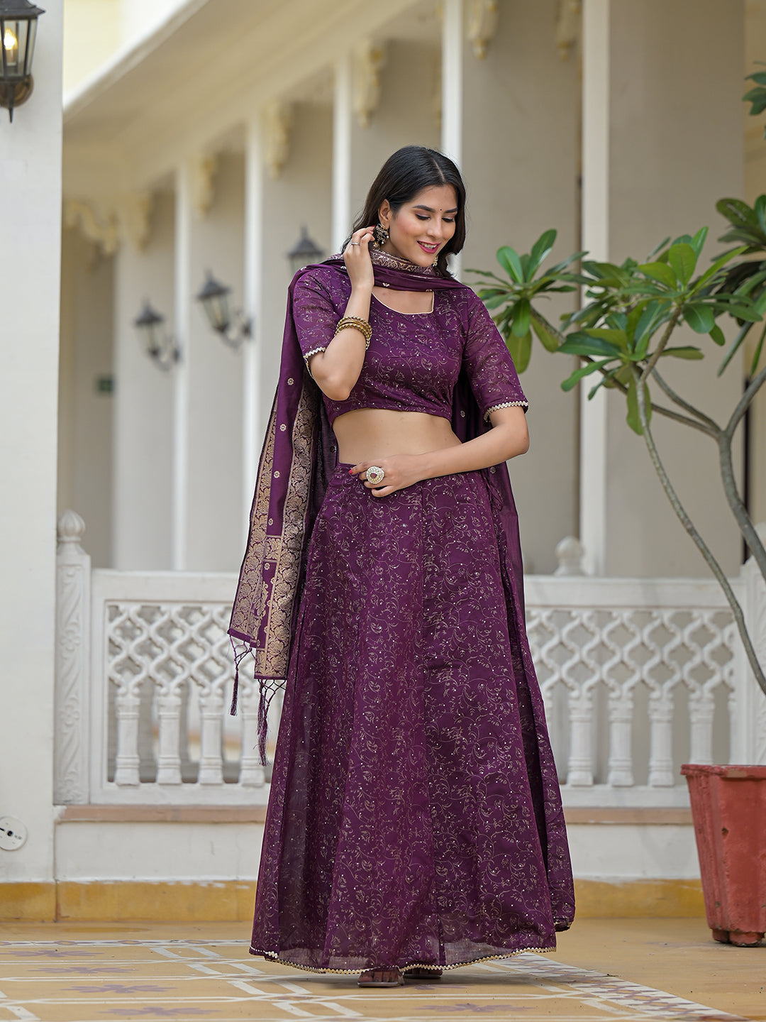 Violet Color Chanderi Lehenga Choli With Gold print - Elganza