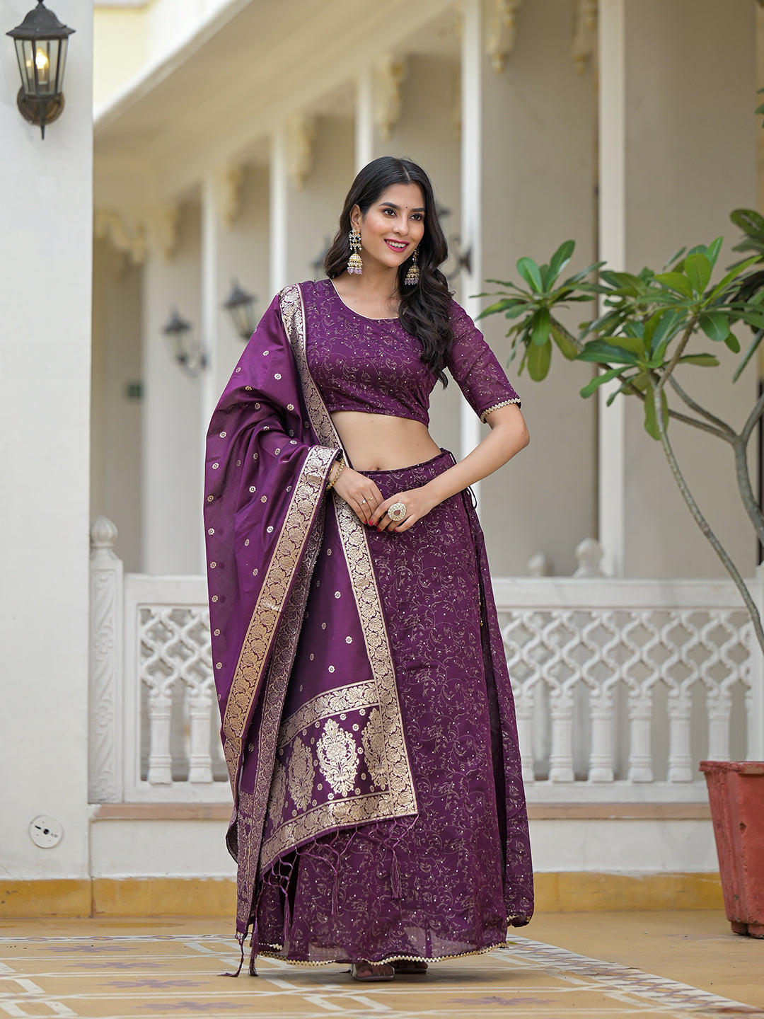 Violet Color Chanderi Lehenga Choli With Gold print - Elganza