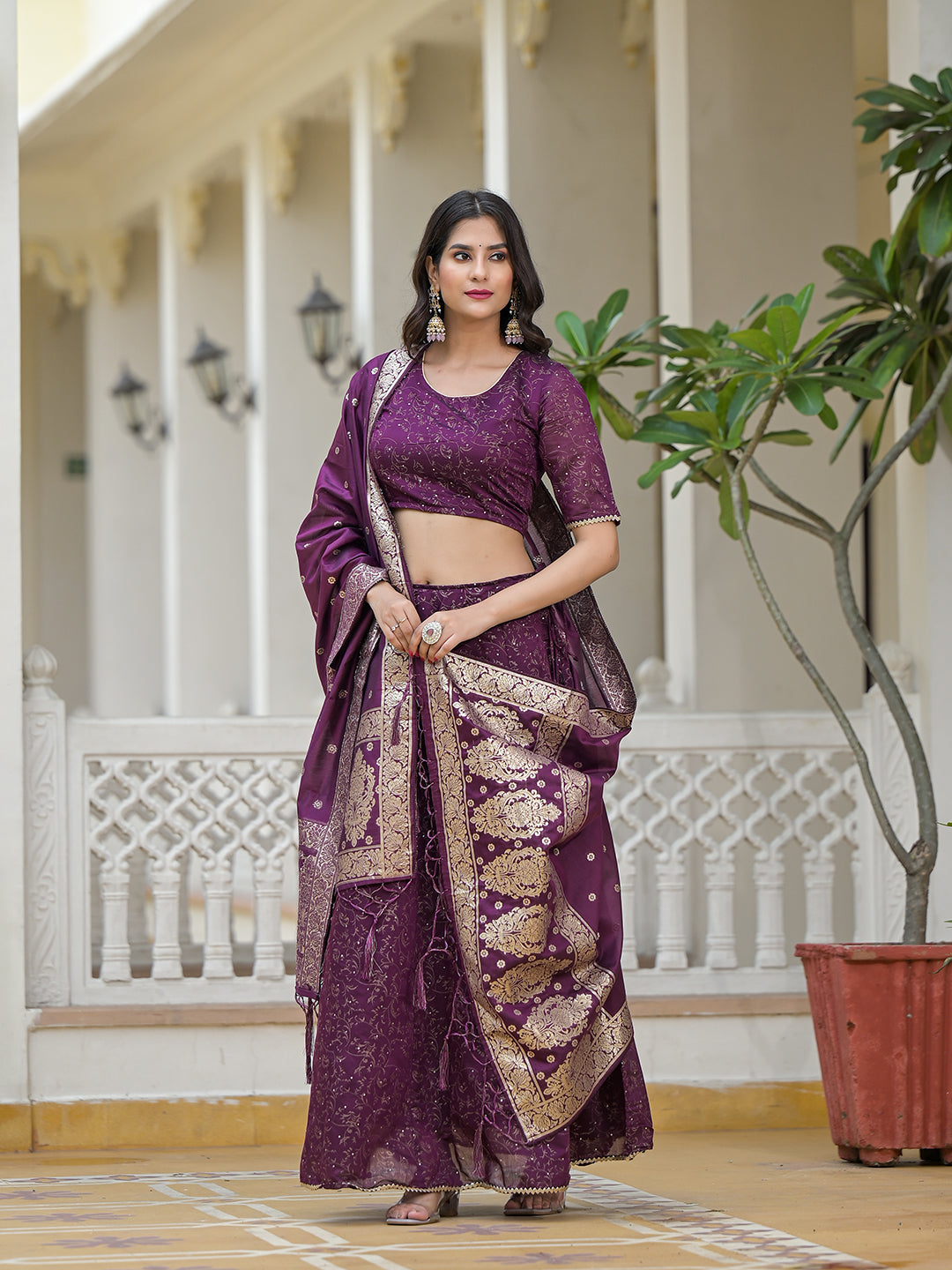 Violet Color Chanderi Lehenga Choli With Gold print - Elganza