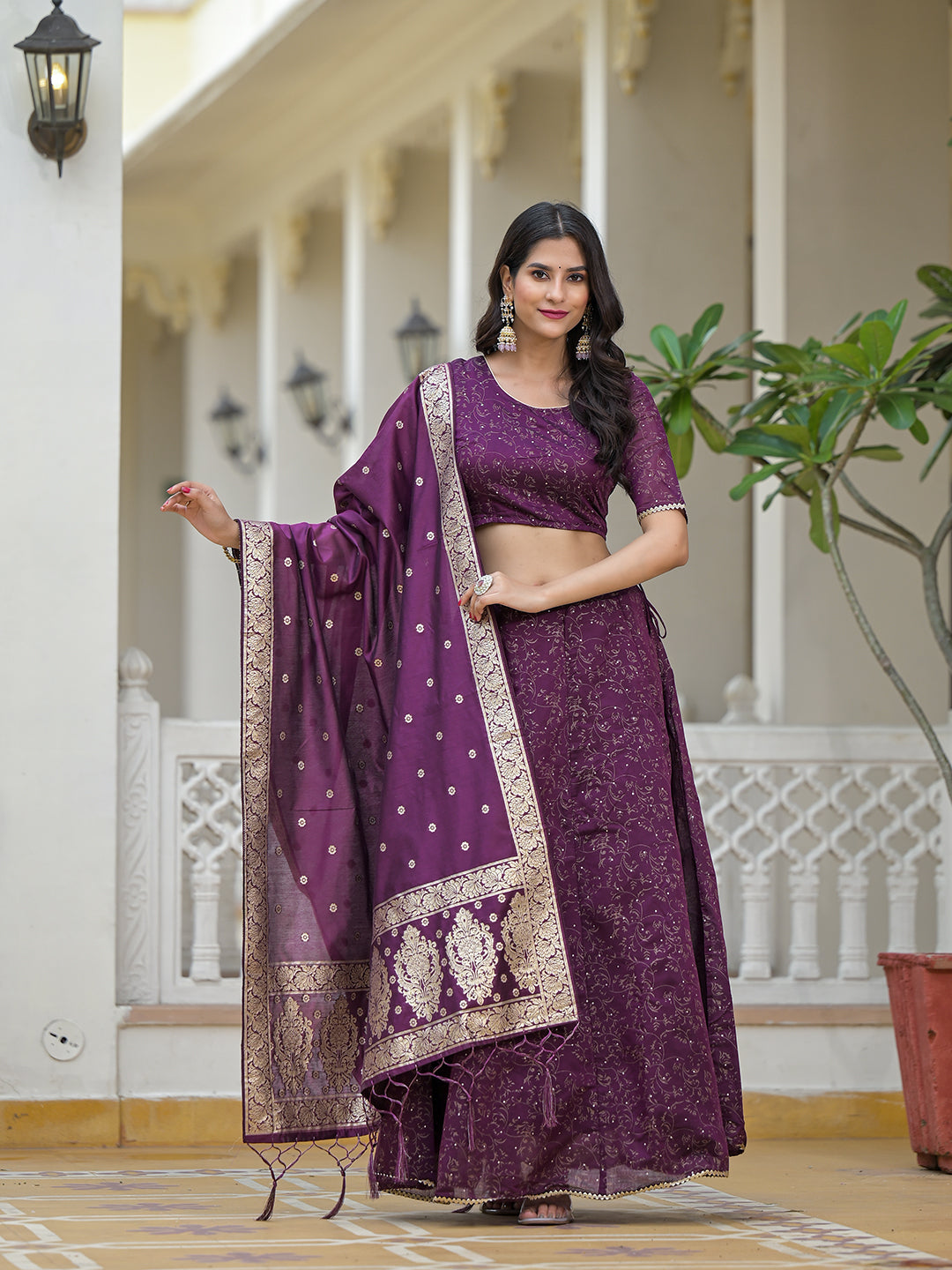 Violet Color Chanderi Lehenga Choli With Gold print - Elganza