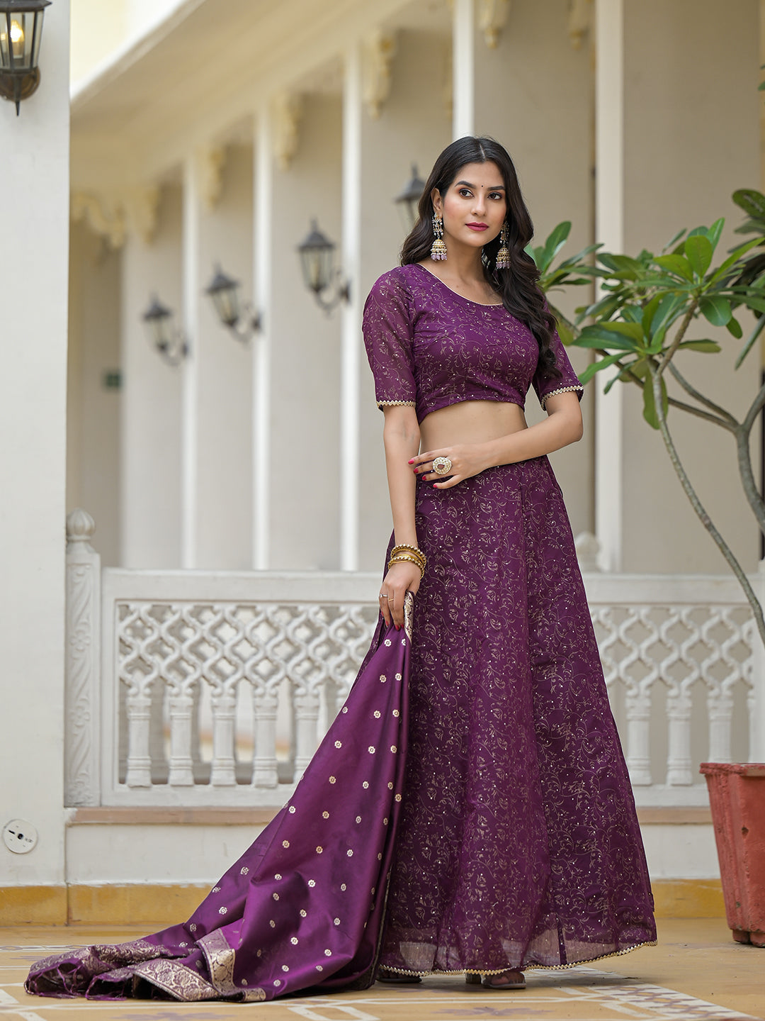 Violet Color Chanderi Lehenga Choli With Gold print - Elganza