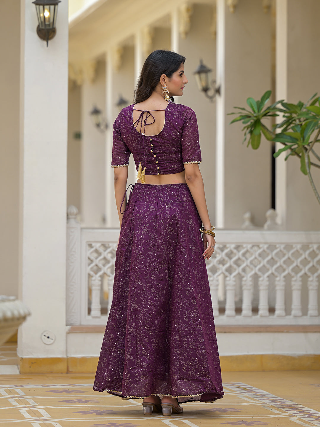 Violet Color Chanderi Lehenga Choli With Gold print - Elganza
