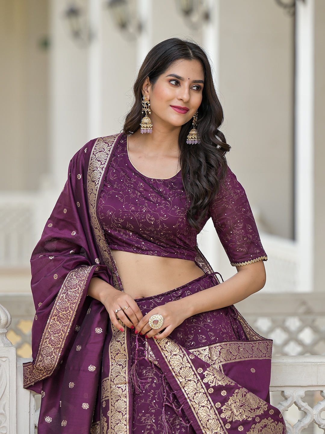 Violet Color Chanderi Lehenga Choli With Gold print - Elganza