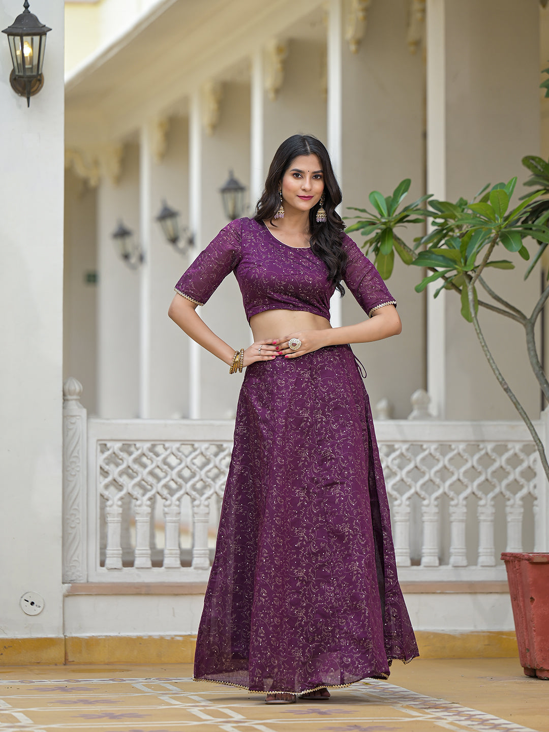Violet Color Chanderi Lehenga Choli With Gold print - Elganza