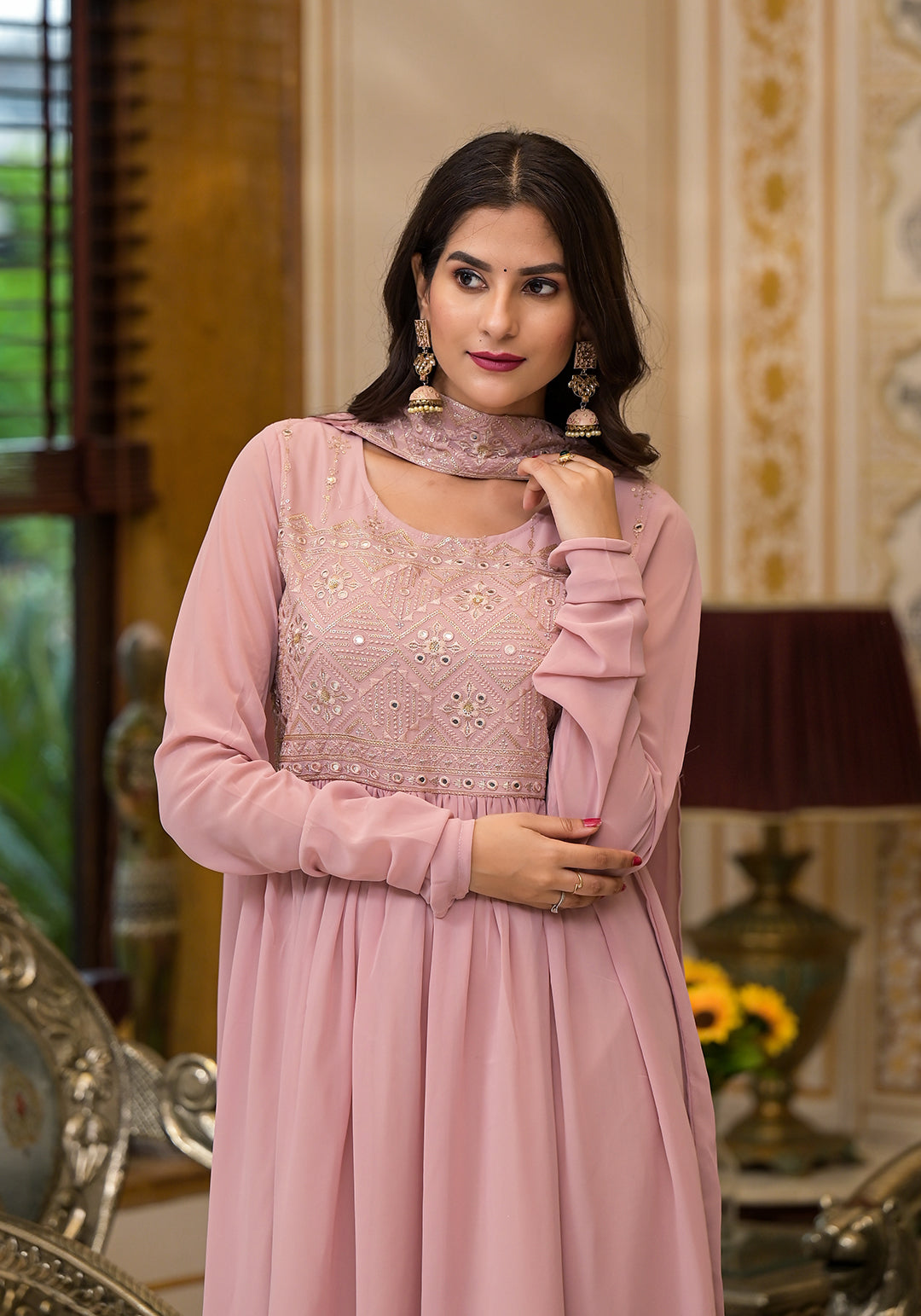 Powder Pink sequinned Nyra Cut Kurta Set - Elganza