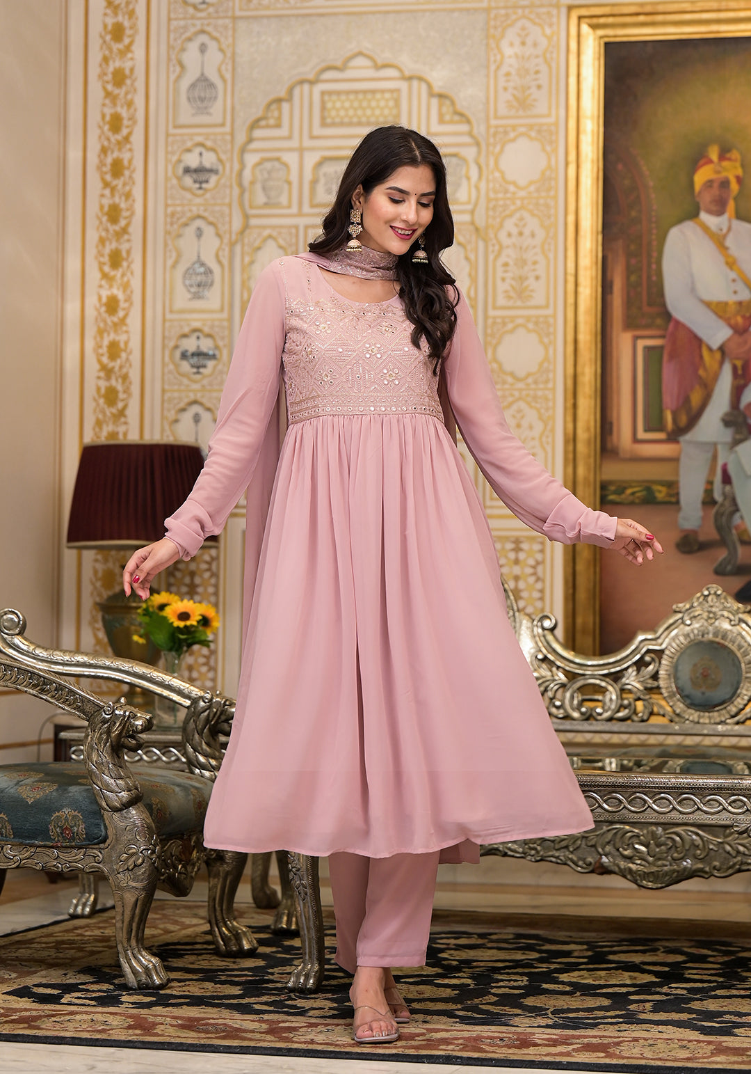 Powder Pink sequinned Nyra Cut Kurta Set - Elganza