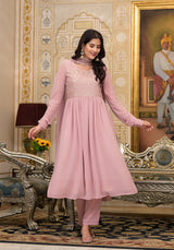 Powder Pink sequinned Nyra Cut Kurta Set - Elganza