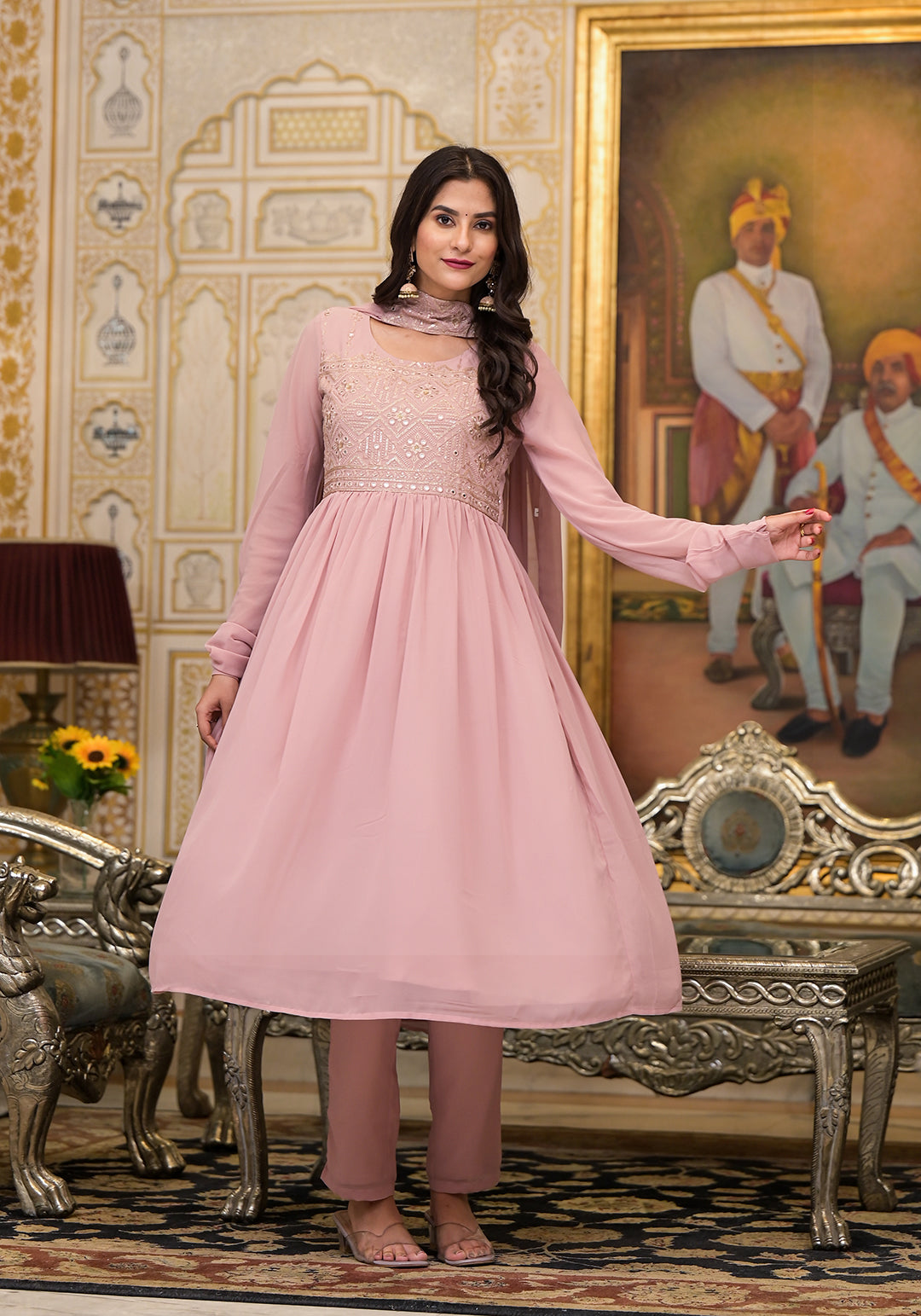 Powder Pink sequinned Nyra Cut Kurta Set - Elganza