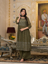 Mehendi green Sequinned Kurta Set with Dupatta - Elganza