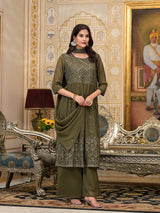 Mehendi green Sequinned Kurta Set with Dupatta - Elganza