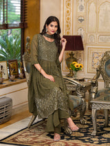Mehendi green Sequinned Kurta Set with Dupatta - Elganza