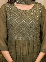 Mehendi green Sequinned Kurta Set with Dupatta - Elganza