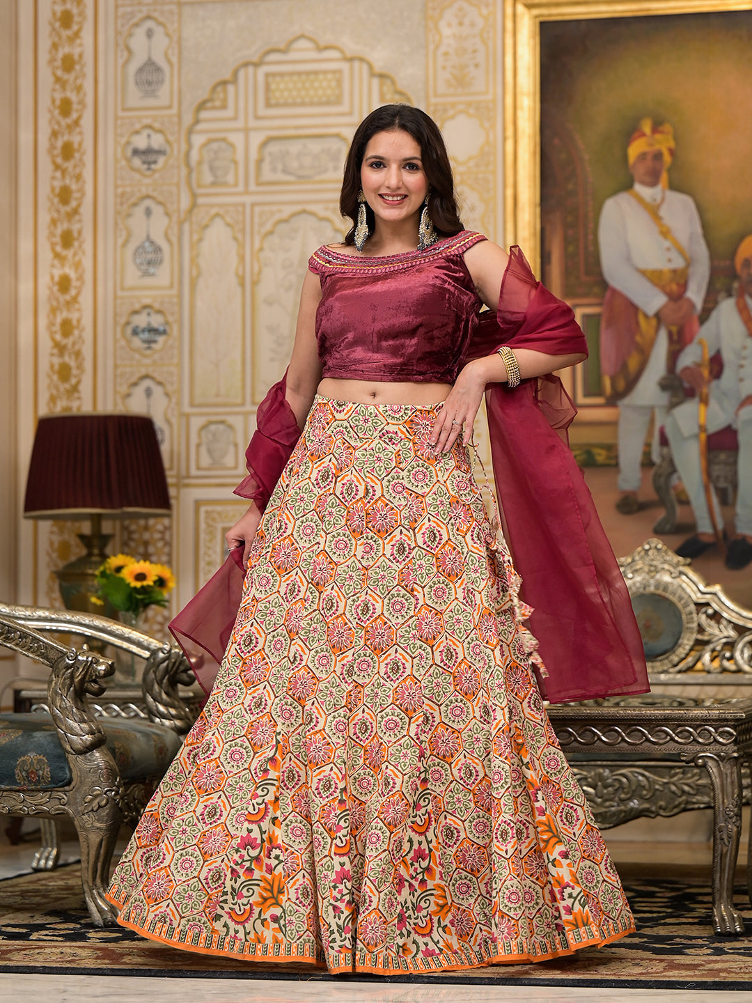 Beige Lehenga Choli with velvet Blouse - Elganza