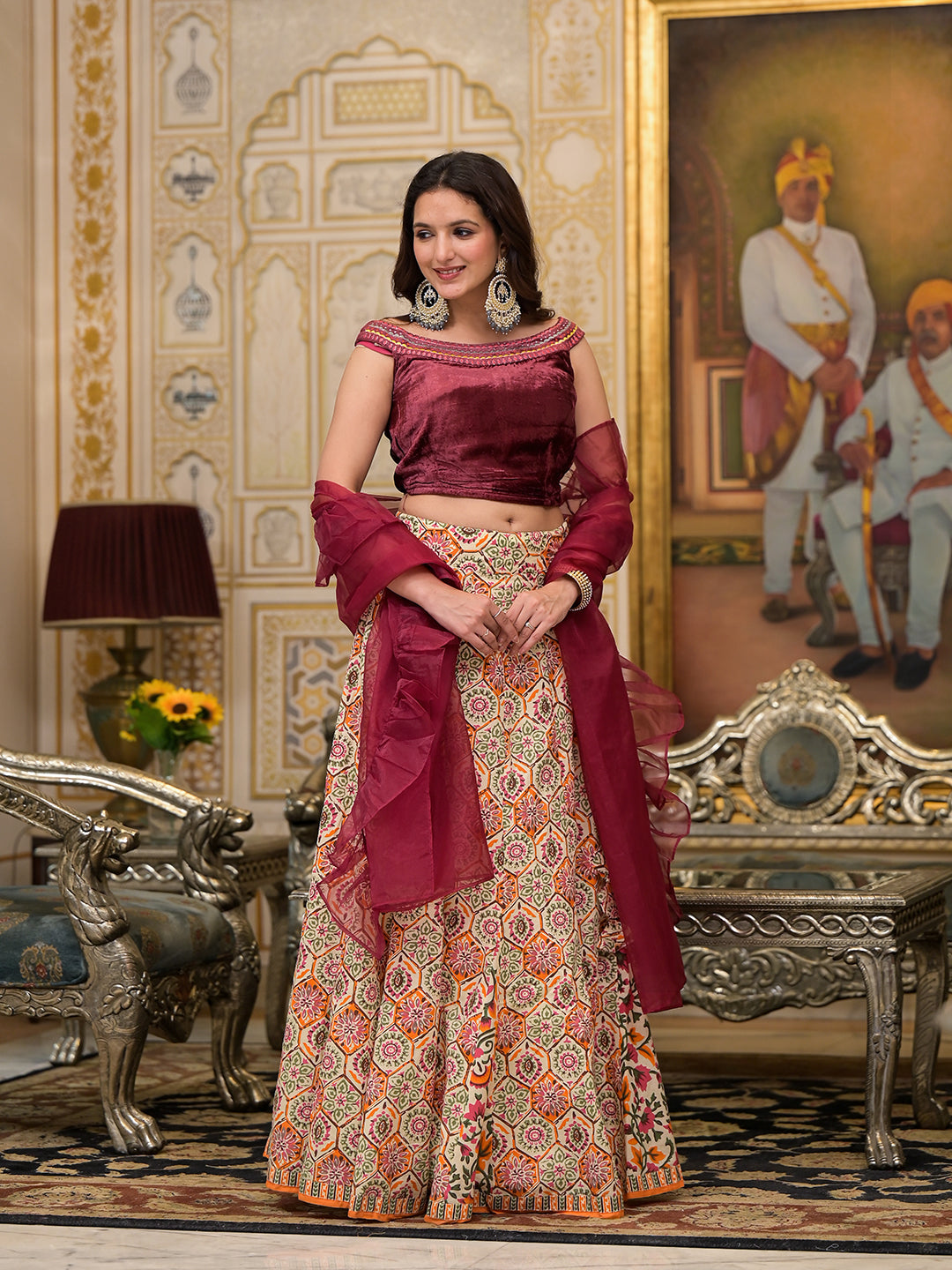 Beige Lehenga Choli with velvet Blouse - Elganza