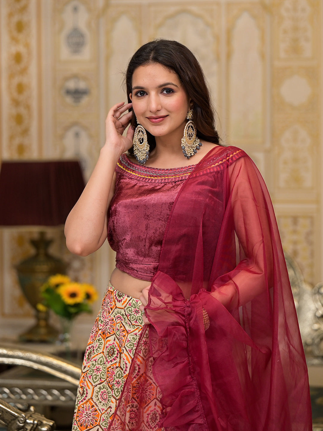 Beige Lehenga Choli with velvet Blouse - Elganza