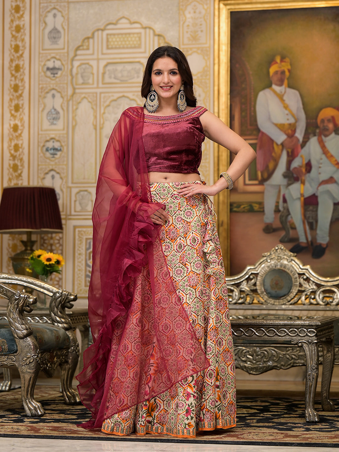 Beige Lehenga Choli with velvet Blouse - Elganza